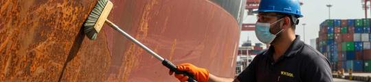 Worker cleaning rust stains from ship hull using Dubi Chem Rust Stain Remover at UAE port
