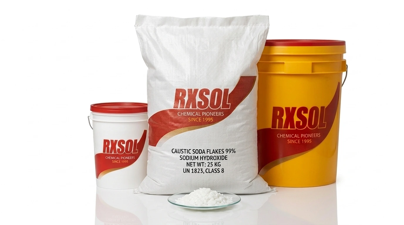 RXSOL Caustic Soda Flakes 99% in 25 kg bag with industrial chemical containers and pure flakes on watch glass