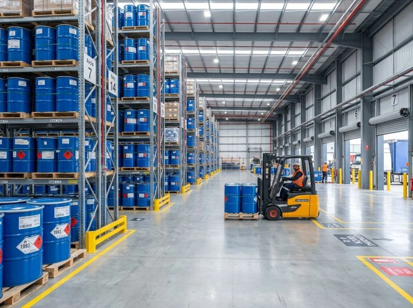 Chemical distribution warehouse with high-bay racking and pallet inventory