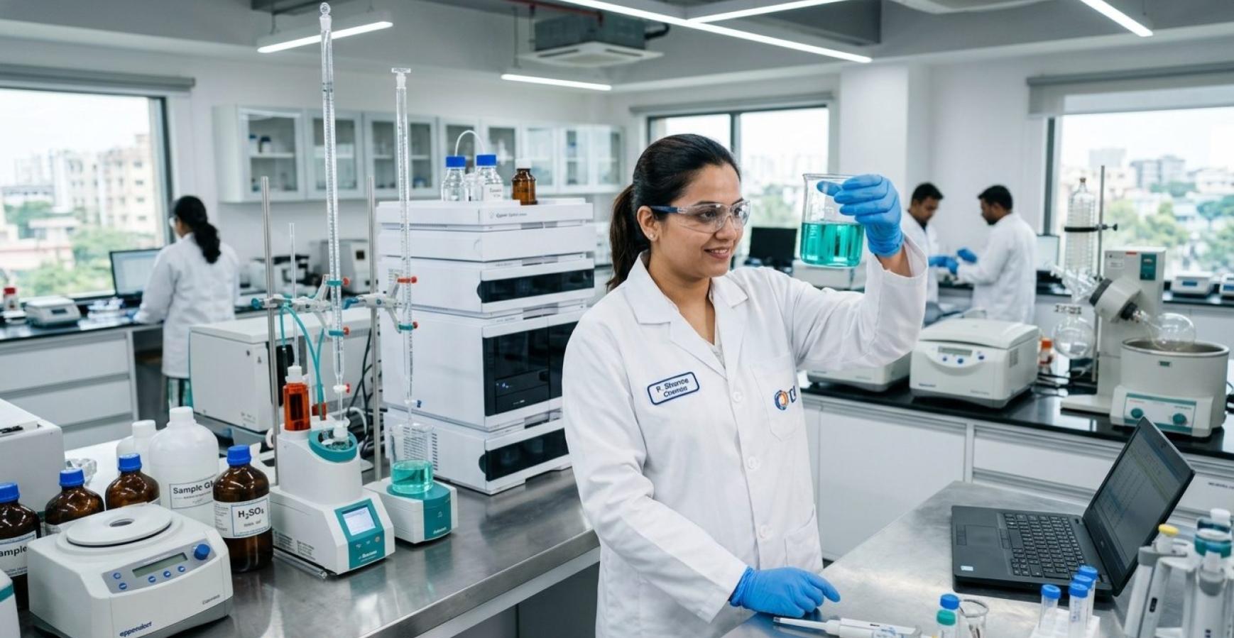 Illustration of a quality control laboratory with reagent bottles and purity testing equipment