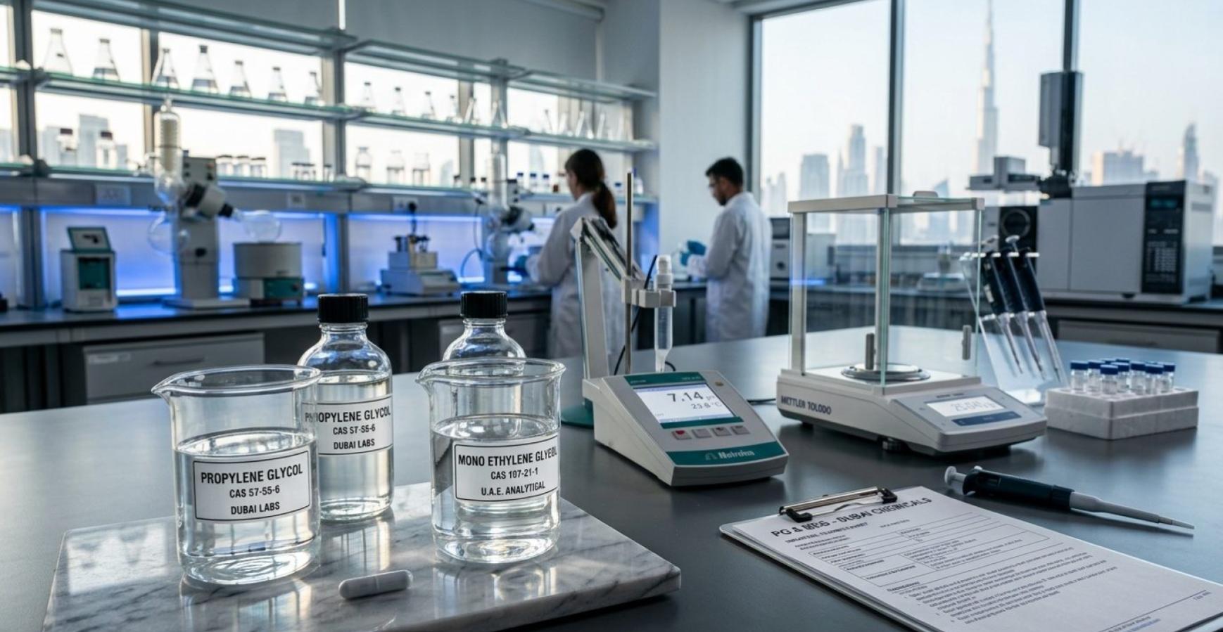 Illustration of a laboratory bench with labelled beakers of propylene glycol and mono ethylene glycol
