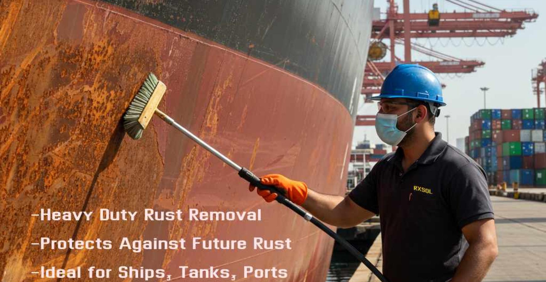 Worker cleaning rust stains from ship hull using Dubi Chem Rust Stain Remover at UAE port
