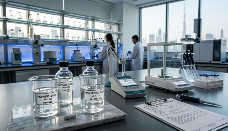 Illustration of a laboratory bench with labelled beakers of propylene glycol and mono ethylene glycol Illustration of a laboratory bench with labelled beakers of propylene glycol and mono ethylene glycol